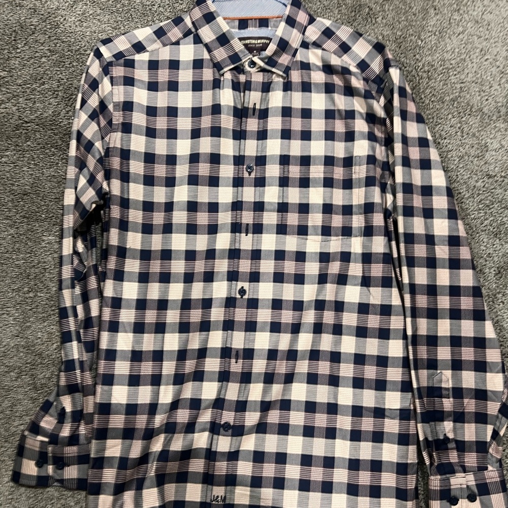 Johnston & Murphy Navy and White Plaid Shirt